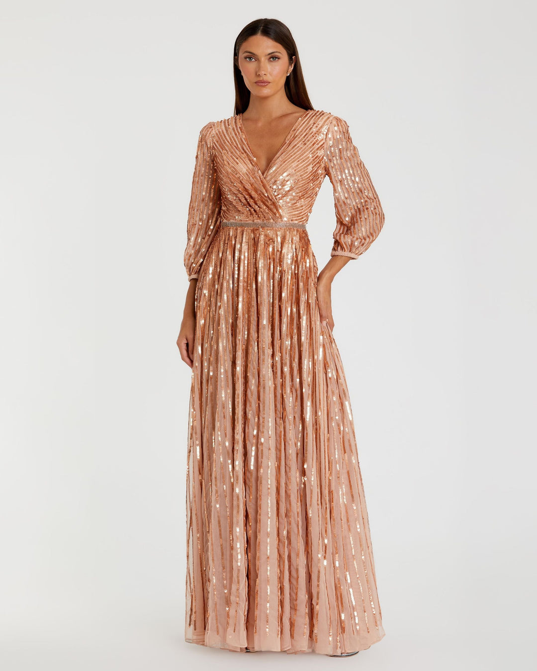 Mac Duggal Sequined Wrap Over 3/4 Sleeve Gown Apricot Size US 2 Mac Duggal Sequined Wrap Over 3/4 Sleeve Gown Apricot Size US 2