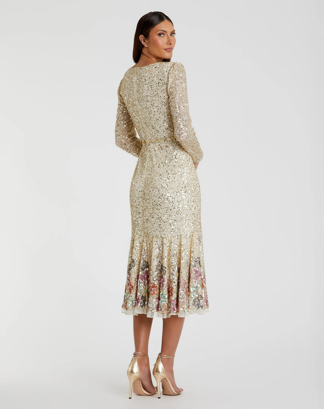 Mac Duggal A5589 Gold Multicolor Faux Wrap Long Sleeve Tea Length Dress - FINAL SALE