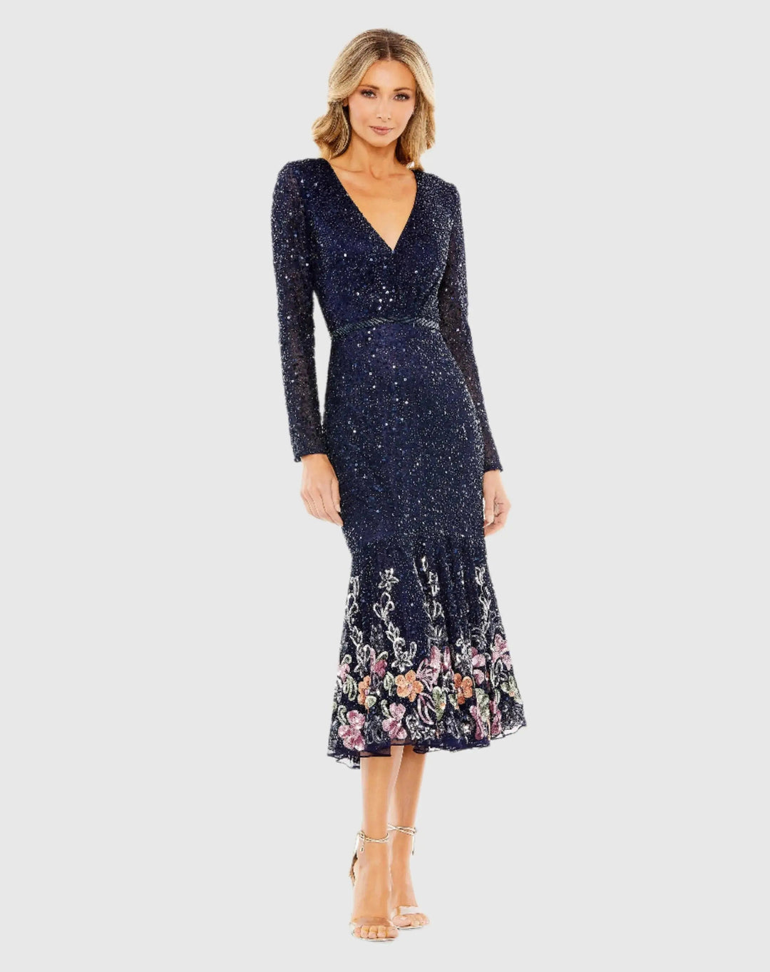 Mac Duggal A5589 Gold Multicolor Faux Wrap Long Sleeve Tea Length Dress - FINAL SALE
