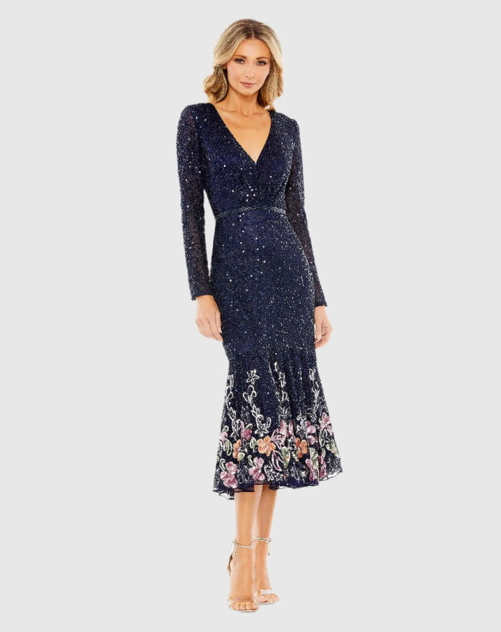 Mac Duggal A5589 Gold Multicolor Faux Wrap Long Sleeve Tea Length Dress - FINAL SALE