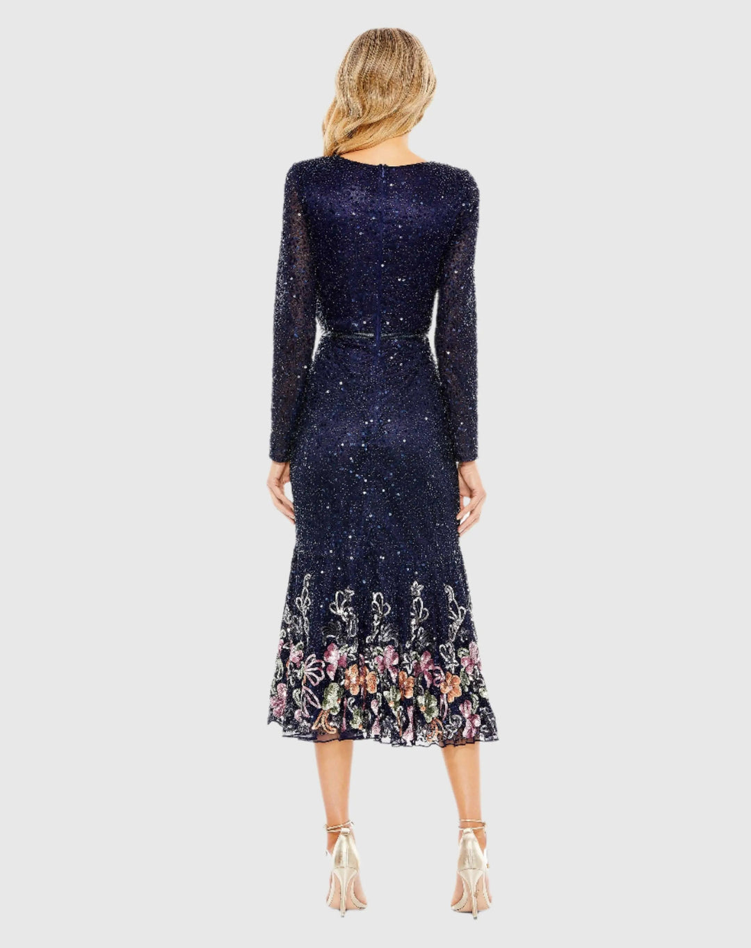 Mac Duggal A5589 Faux Wrap Long Sleeve Tea Length Dress