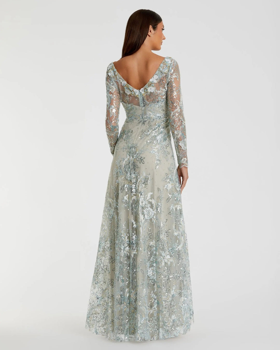 Mac Duggal Floral Embroidered Illusion Long Sleeve Gown Sterling, Size 10