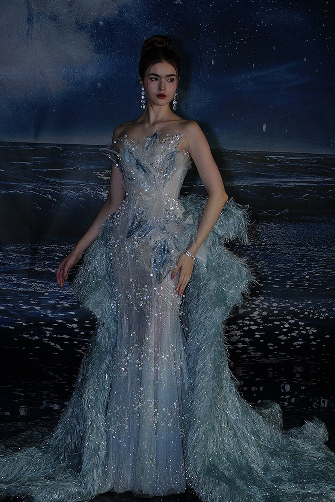Linh Nga LMBCT238 Beaded Couture Dress, Light Blue / 12 / With