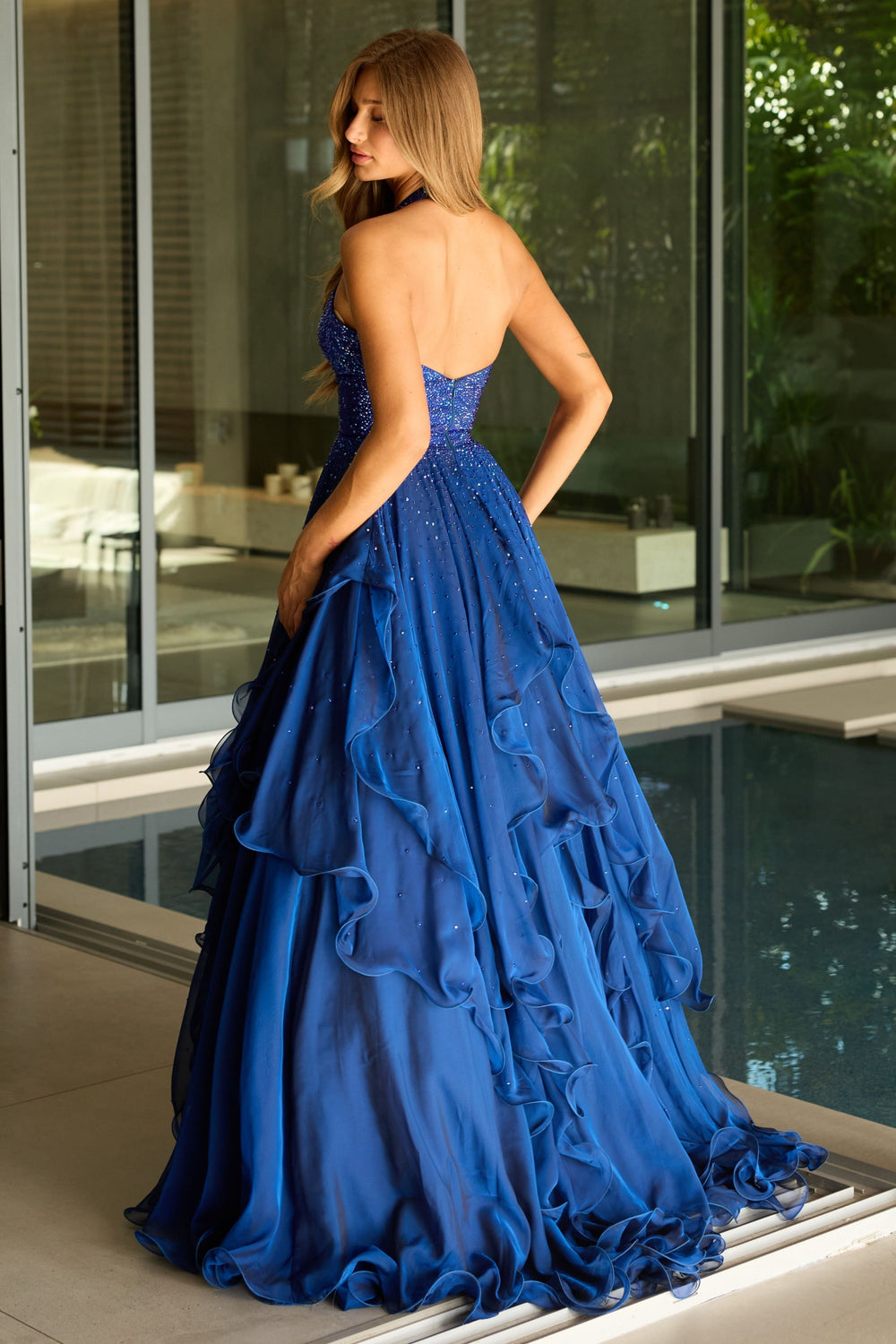 Ava Presley 42238 - Chiffon Halter Beaded Bodice Tiered Layered Skirt - FOSTANI.com