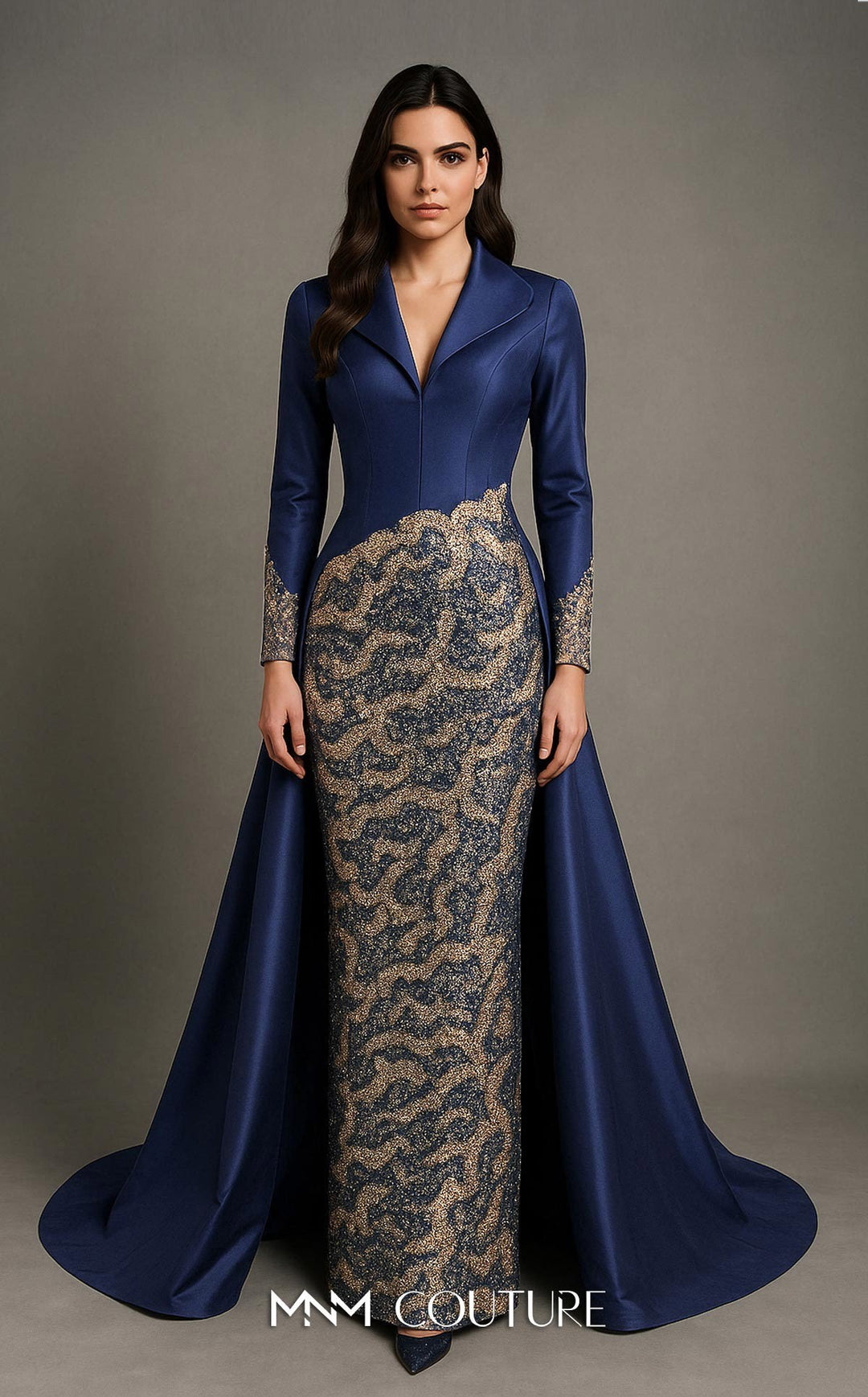 MNM Couture B1177 V-Neckline Long Sleeve Sheath Couture Dress