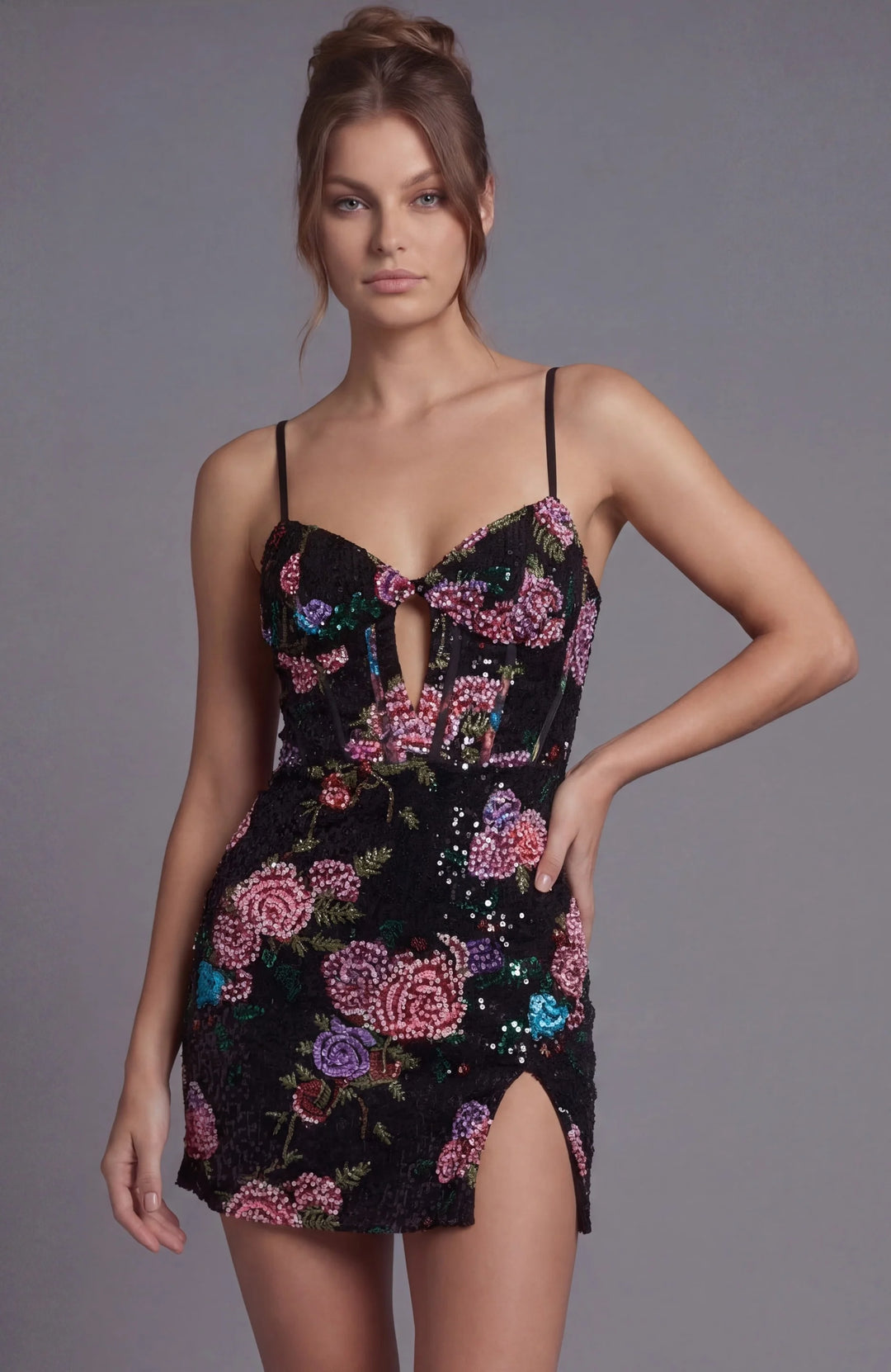 Jovani 49235 Floral Sequin Spaghetti Strap Mini Dress - FOSTANI.com
