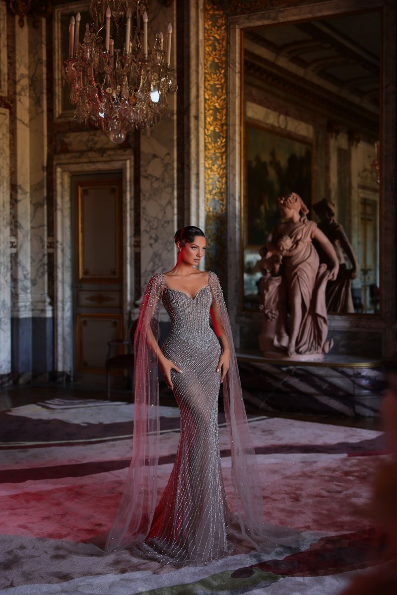 Chic & Holland HF110624 Sweetheart Corset Bodice Linear Beaded Sheath Matching Shoulder Cape Couture Dress SMOKE NUDE / 10