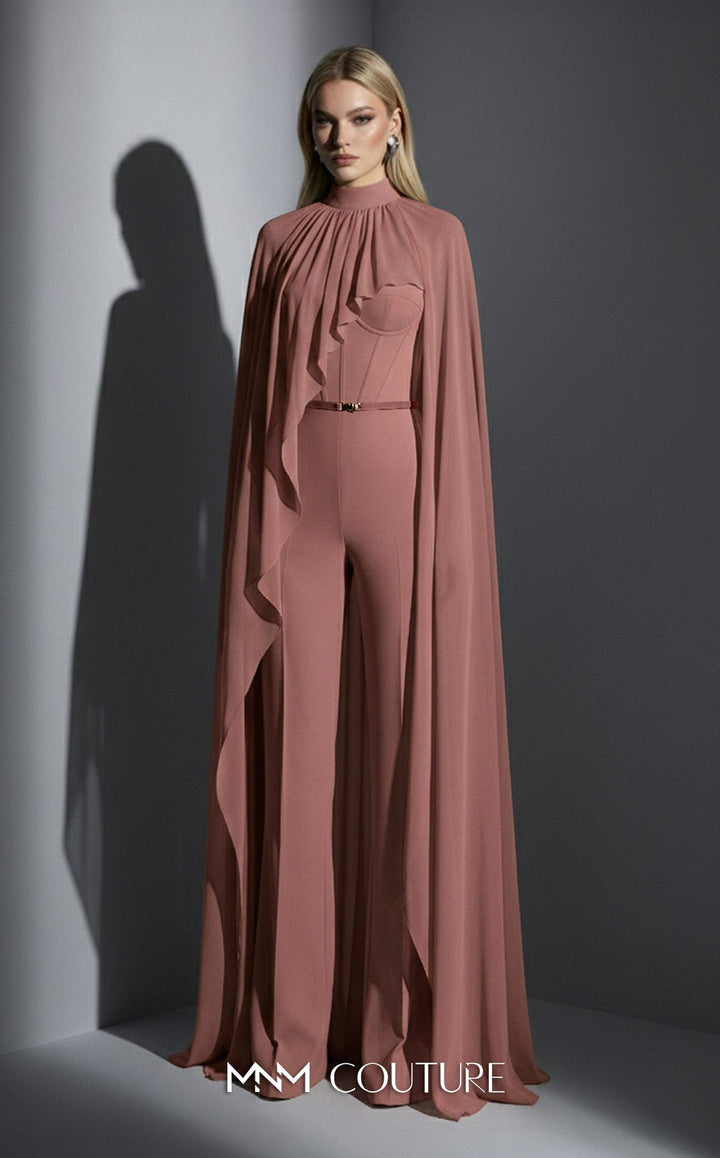 MNM Couture Style E0143 Sophisticated Chiffon High-Neck Cape Jumpsuit - FOSTANI.com