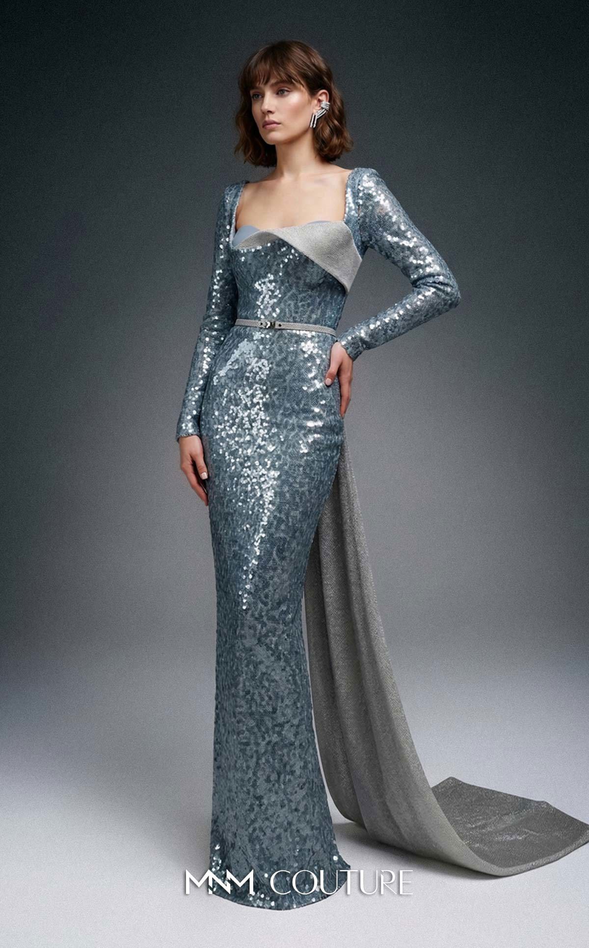 asymmetrical square neck dress MNM Couture E0157 Long Sleeve Sheath Couture BLUE / 4 Color:Black/Silver Flowy Tulle Lace A summer_trend soft against the skin
