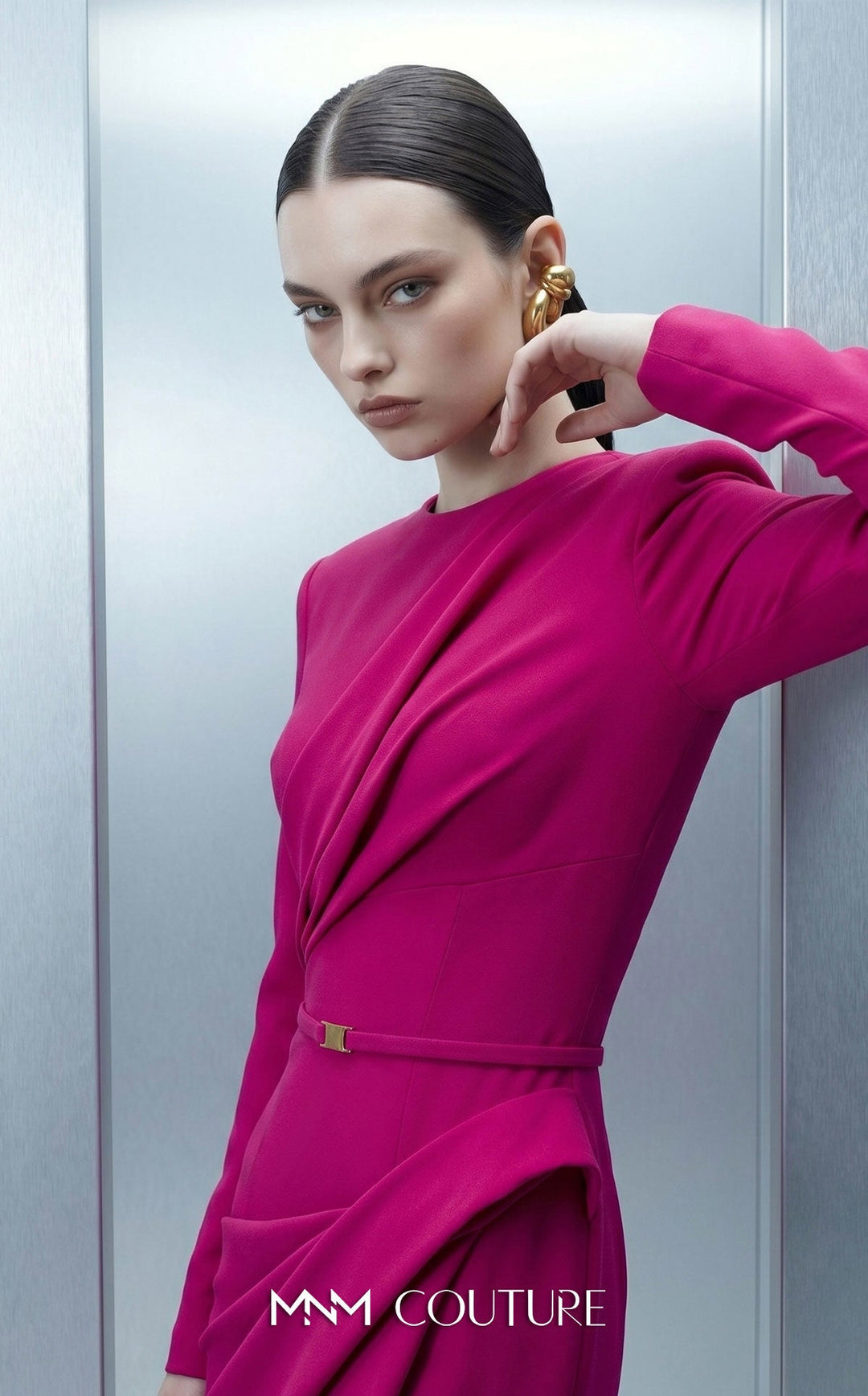 MNM Couture E0173 High Round Neckline Fitted-Sleeve Sheath Couture Dress