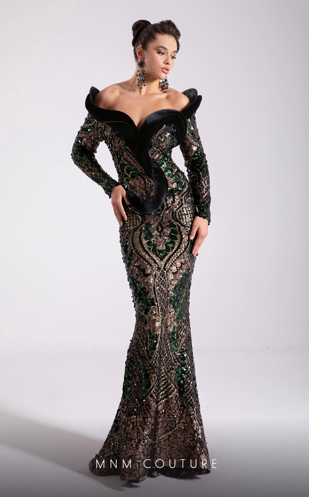 Fouad Sarkis F02896 Sweetheart Off-the-Shoulder Long-Sleeve Fitted Sheath Couture Dress