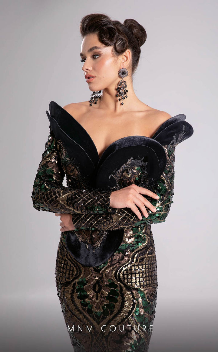 Fouad Sarkis F02896 Sweetheart Off-the-Shoulder Long-Sleeve Fitted Sheath Couture Dress