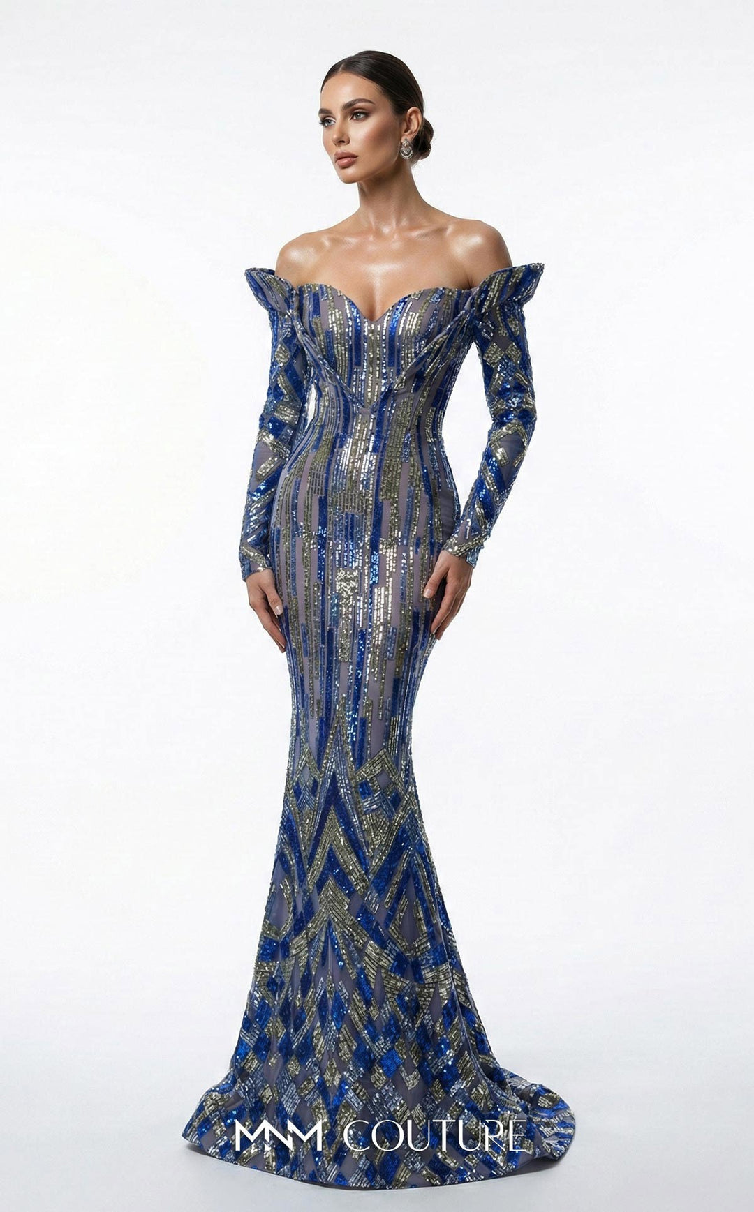 fouad sarkis blue dress Fouad Sarkis F03004 Navy Blue Satin Embellished Gown