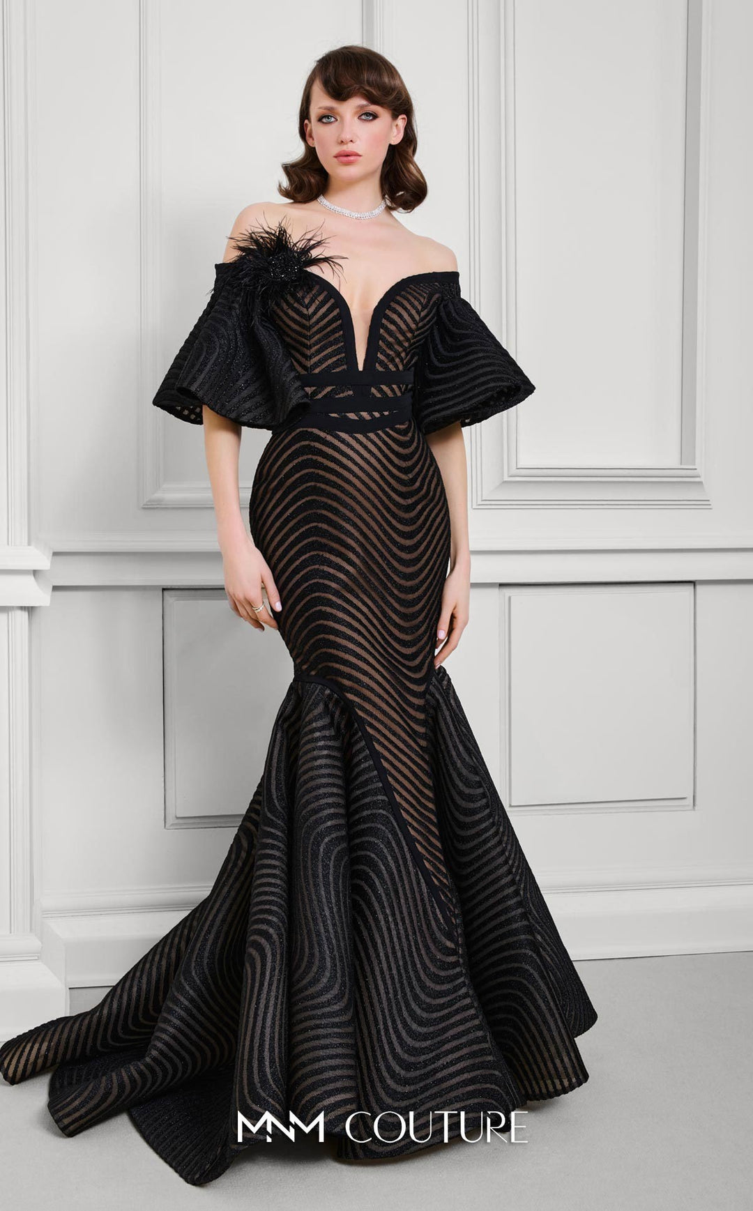 fouad sarkis black dress Off-The-Shoulder Column with Ruffled Sleeves Black with Rose / FR 40
