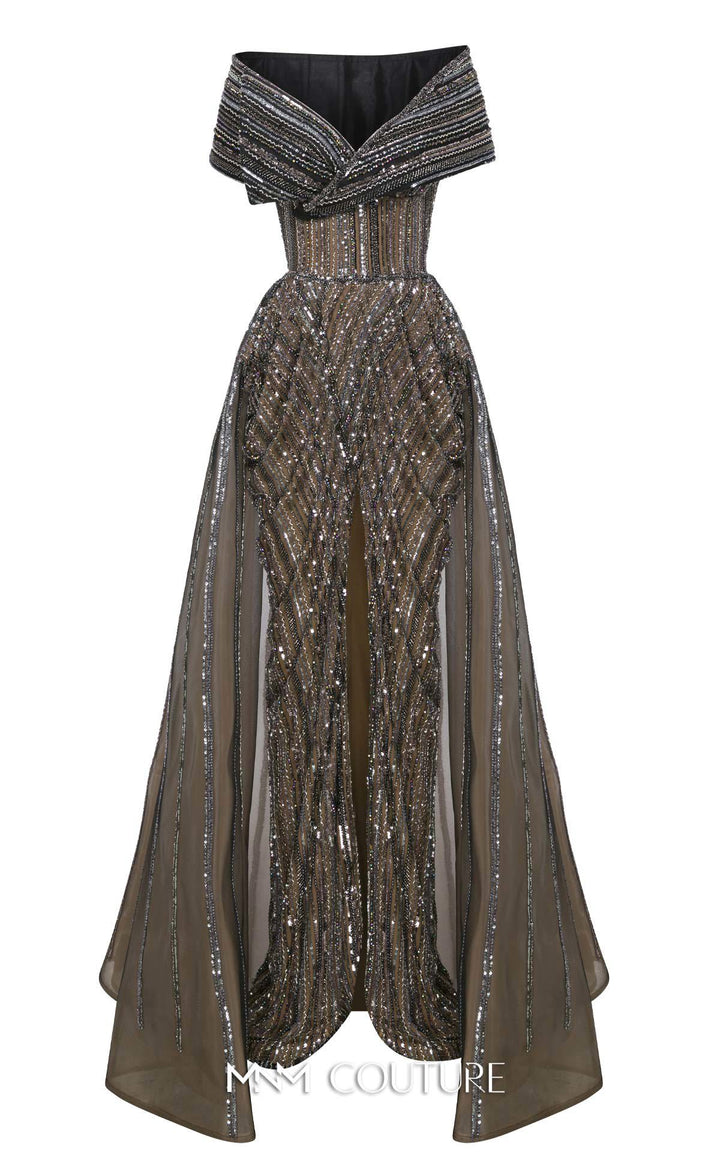 MNM Couture Style F02929 - Dramatic Off-the-Shoulder A-Line Gown with Sequin Embellishments - FOSTANI.com