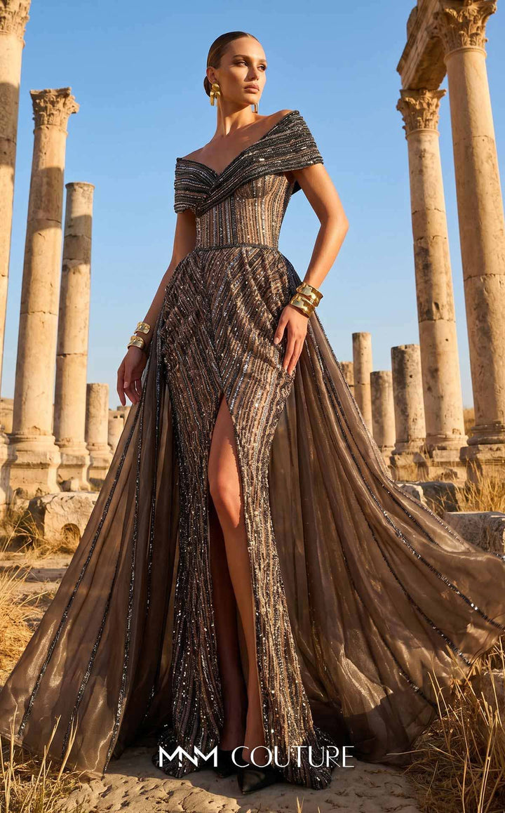 MNM Couture Style F02929 - Dramatic Off-the-Shoulder A-Line Gown with Sequin Embellishments - FOSTANI.com