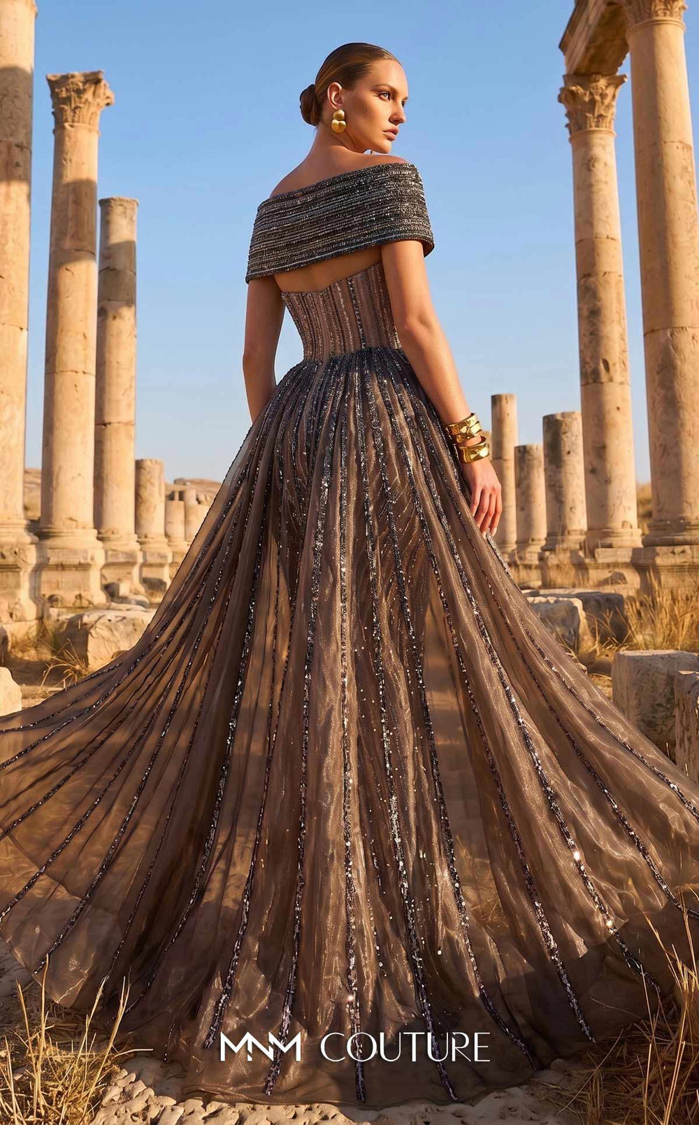 MNM Couture Style F02929 - Dramatic Off-the-Shoulder A-Line Gown with Sequin Embellishments - FOSTANI.com