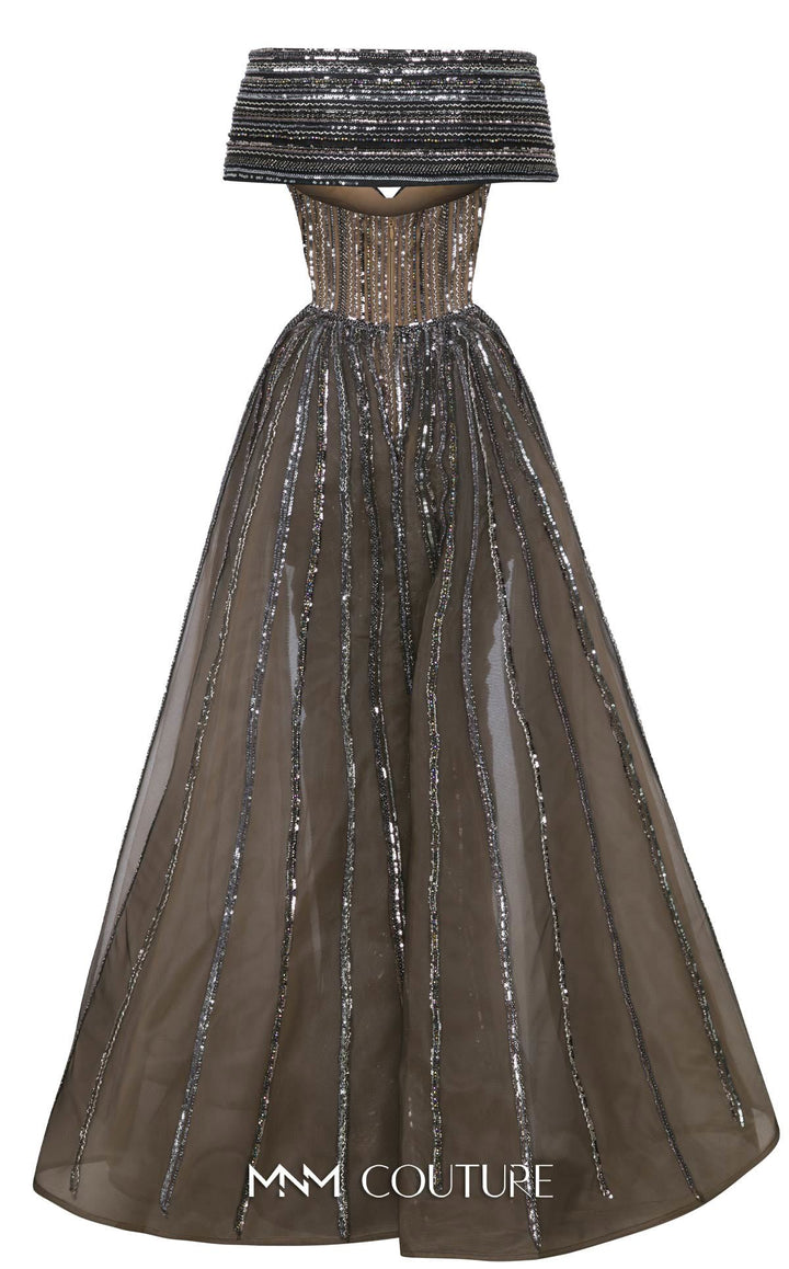 MNM Couture Style F02929 - Dramatic Off-the-Shoulder A-Line Gown with Sequin Embellishments - FOSTANI.com