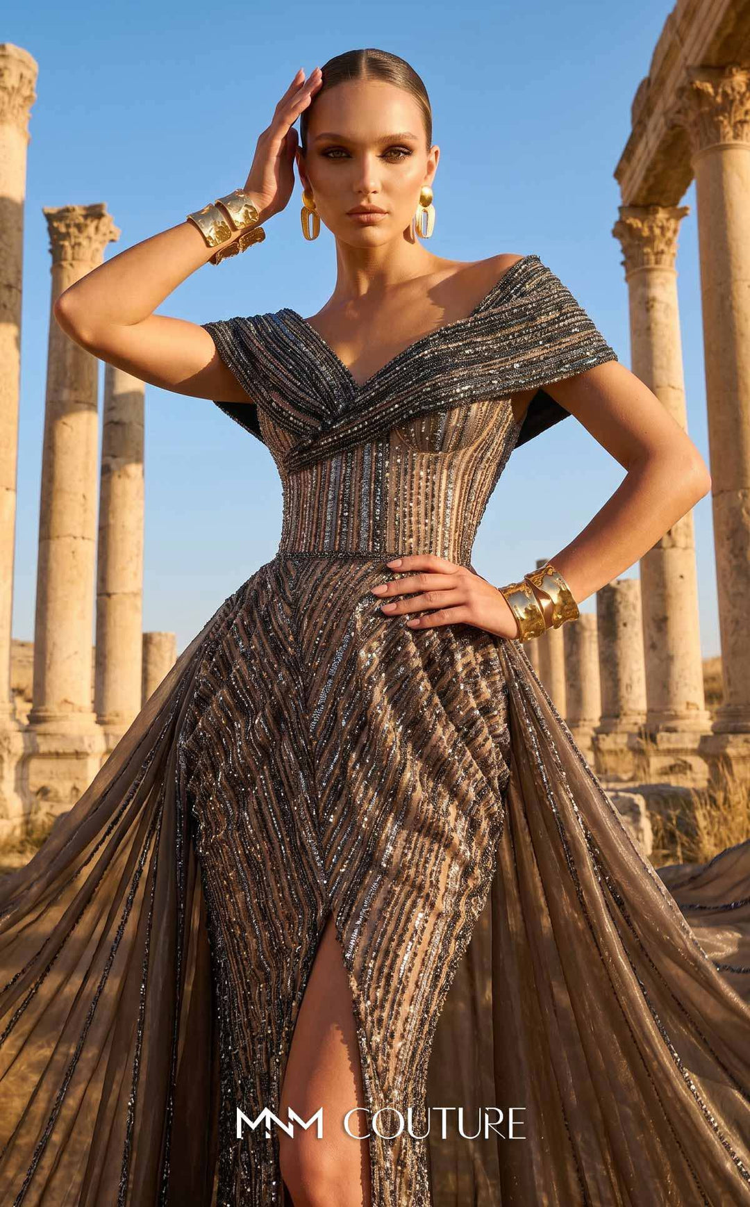 MNM Couture Style F02929 - Dramatic Off-the-Shoulder A-Line Gown with Sequin Embellishments - FOSTANI.com