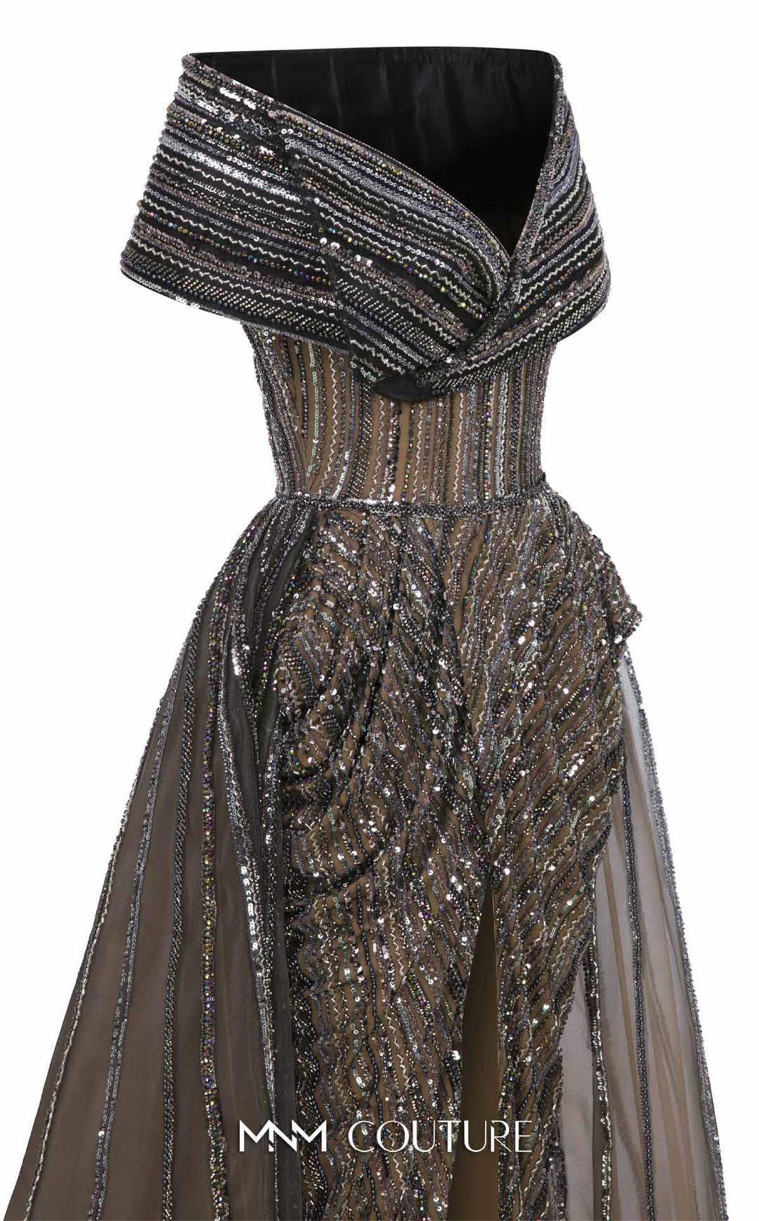 MNM Couture Style F02929 - Dramatic Off-the-Shoulder A-Line Gown with Sequin Embellishments - FOSTANI.com