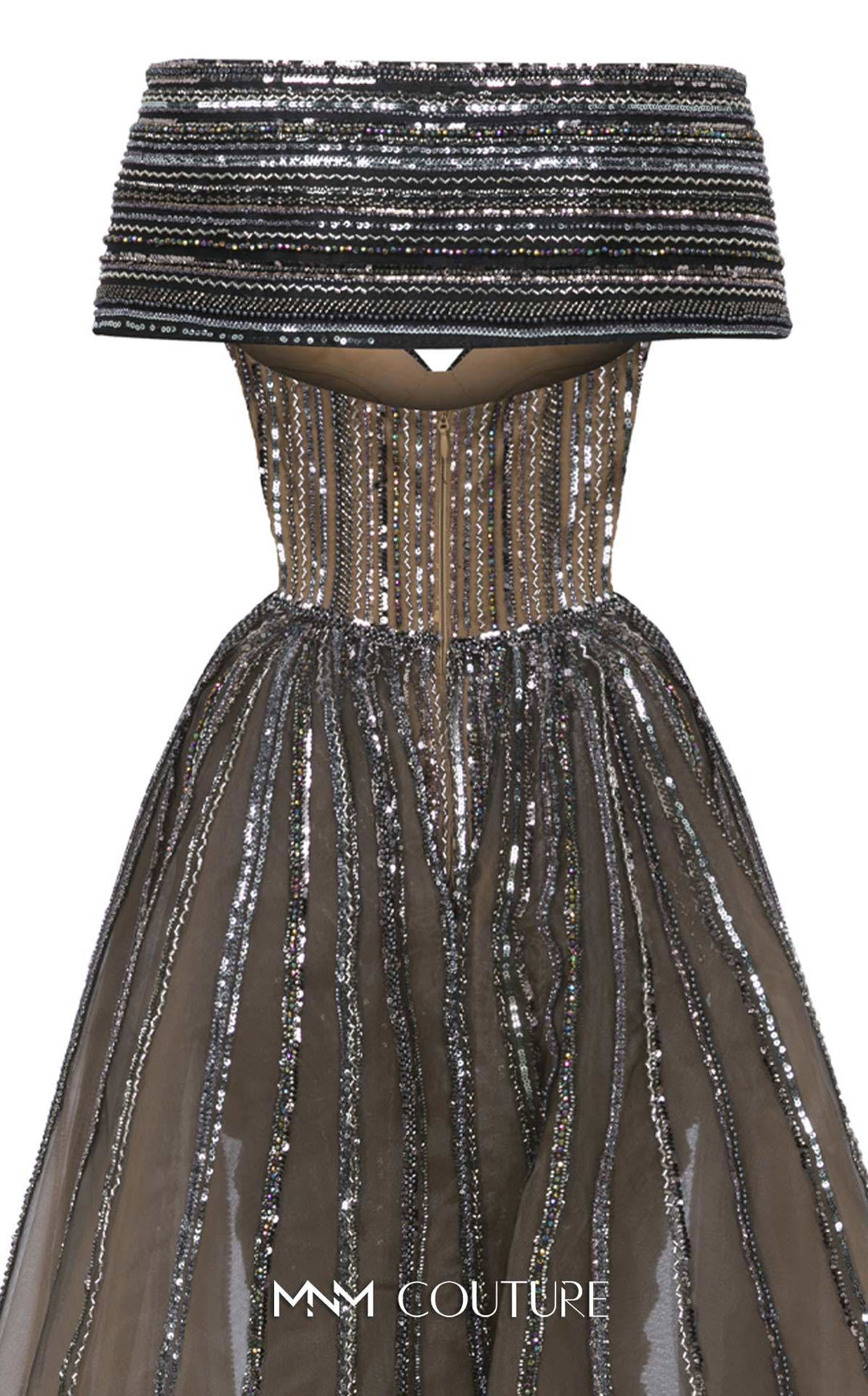 MNM Couture Style F02929 - Dramatic Off-the-Shoulder A-Line Gown with Sequin Embellishments - FOSTANI.com