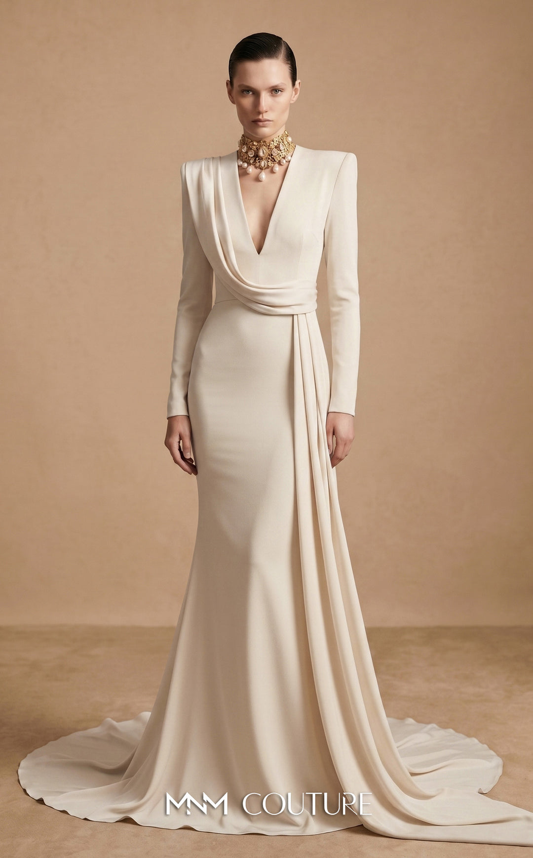 Fouad Sarkis F03046 draped sash mermaid evening gown