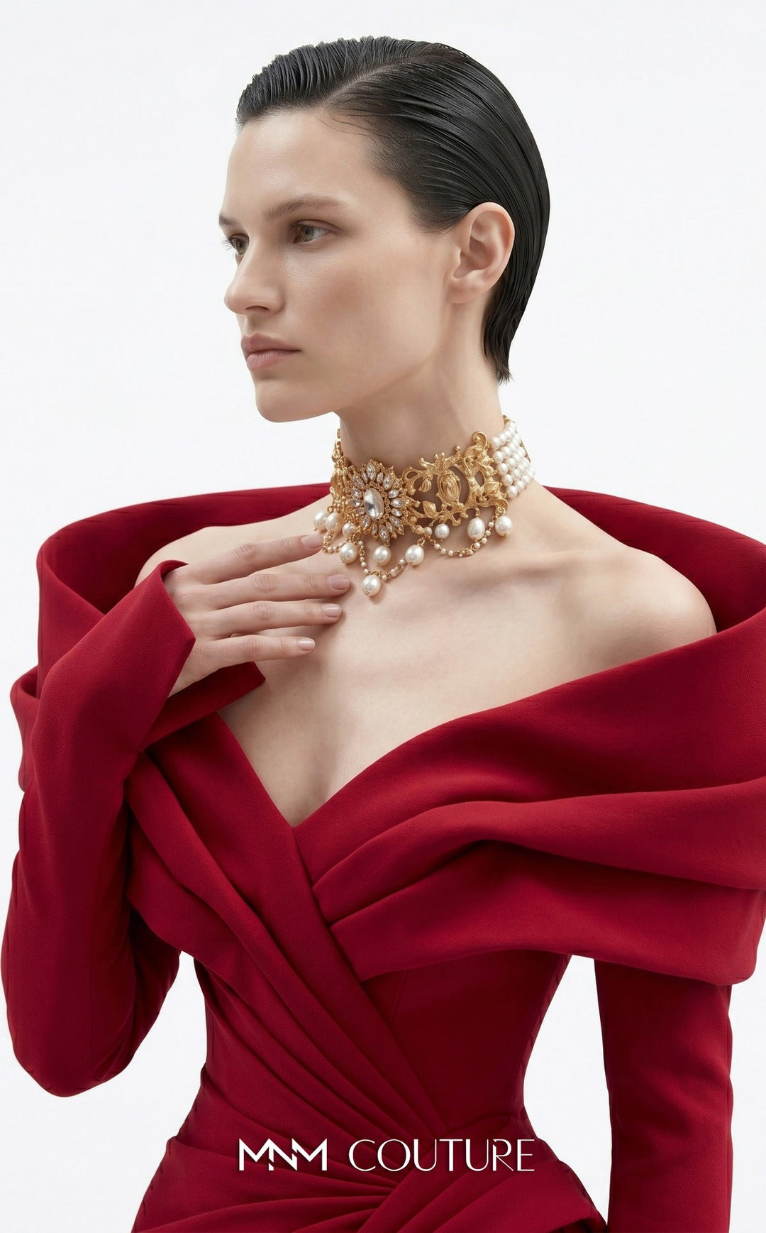 Fouad Sarkis F03049 Open V-Shape Fitted Sleeves Sheath Couture Dress