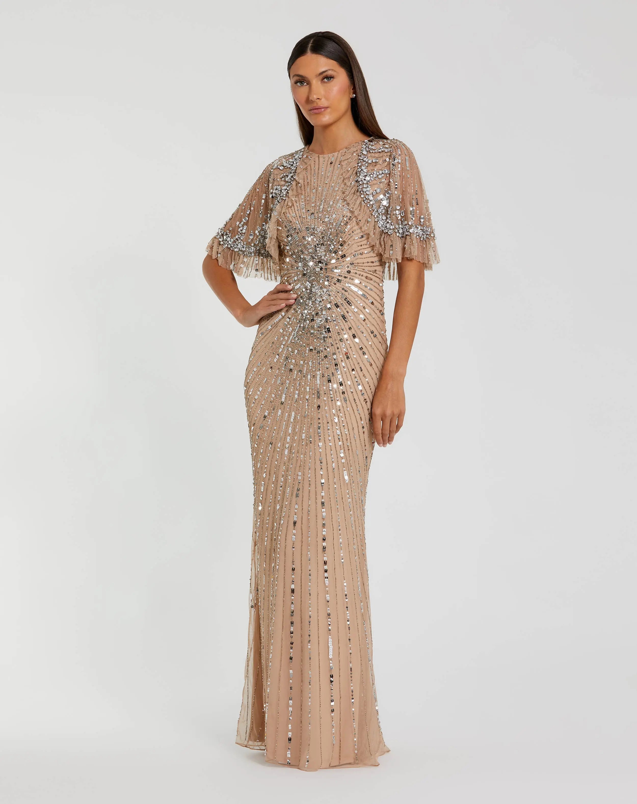 Mac Duggal 23044 Embellished Mesh Fitted Dress With Capelet | FOSTANI Mac Duggal 23044 Embellished Mesh Fitted Dress With Capelet | FOSTANI