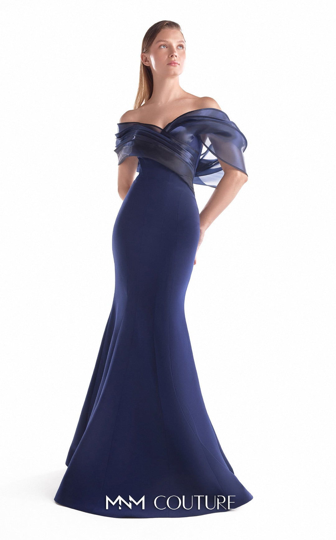 MNM Couture Style G2144: Midnight Organza Navy Crepe Gown - FOSTANI.com