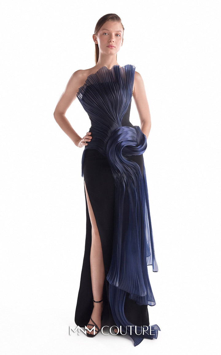 MNM Couture Style G2145: Pleated Midnight Liquid Organza Gown - FOSTANI.com