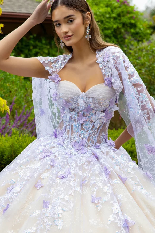 glitter butterfly dress GLS Collective GL3501 Floral Glitter 3-D Butterfly Applique Quinceanera Dress Lilac/Champagne / S