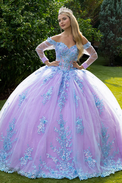 GLS Collective GL3503 Floral Applique Quinceanera Dress Lilac/Blue / 3XL