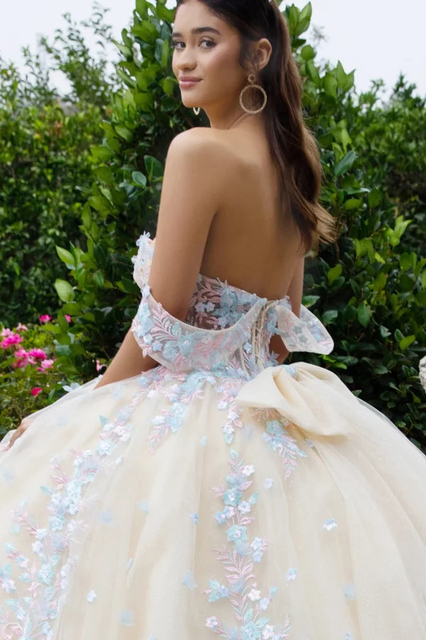 GLS Collective GL3504 Floral Applique Quinceanera Dress Champagne/Multi / L