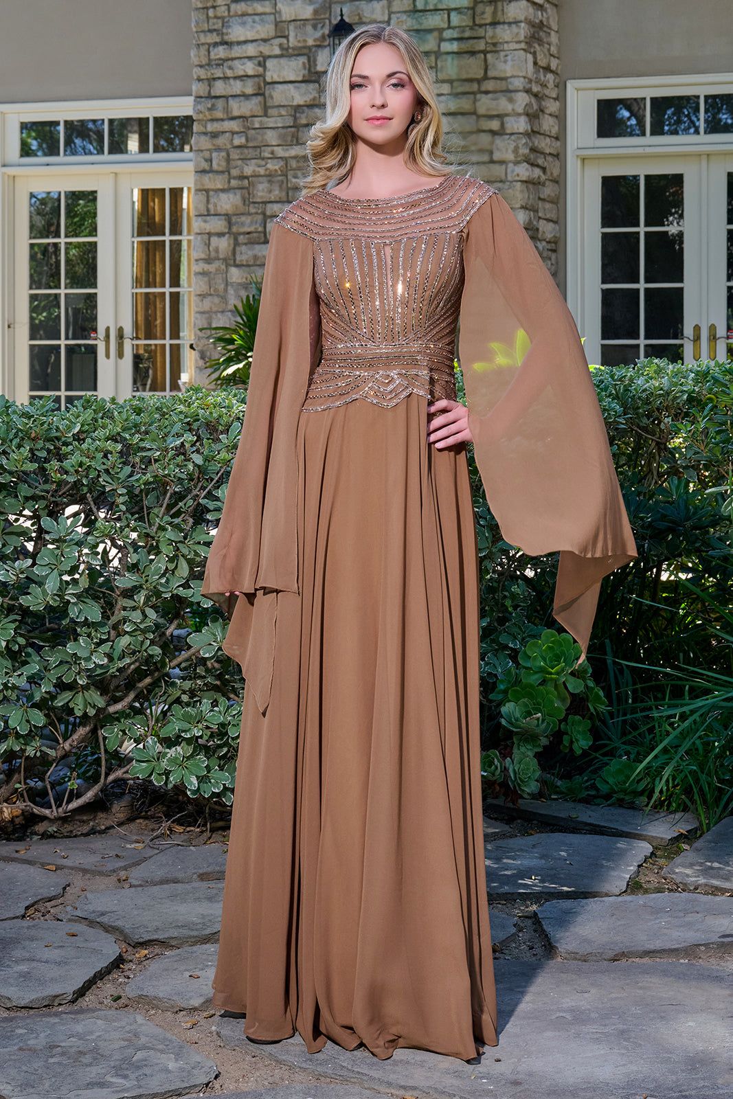 GLS by Gloria GL3736 Boat Neckline Cape Sleeve A-Line Skirt Mother of the Bride Dress Chocolate Brown / 4XL