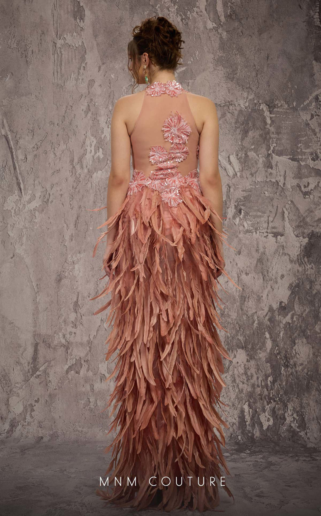 MNM Couture J03381 Feathered Dress with Sequined Halter Top