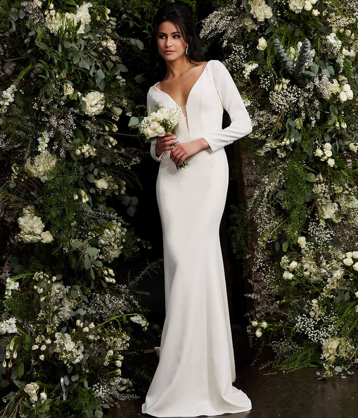 Jovani JB06911 Ivory Plunging Neck Long Sleeve Wedding Dress - FOSTANI.com