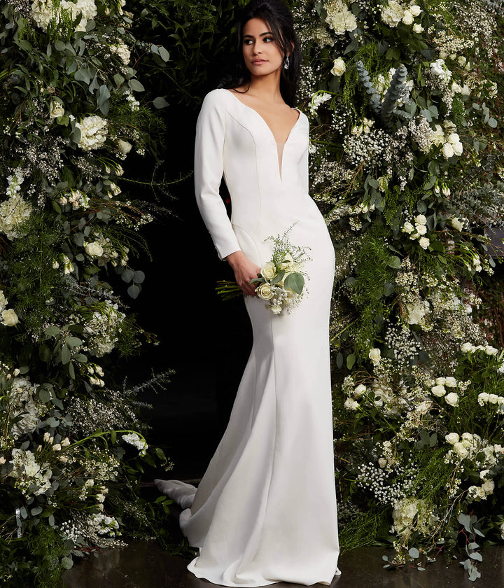 Jovani JB06911 Ivory Plunging Neck Long Sleeve Wedding Dress - FOSTANI.com