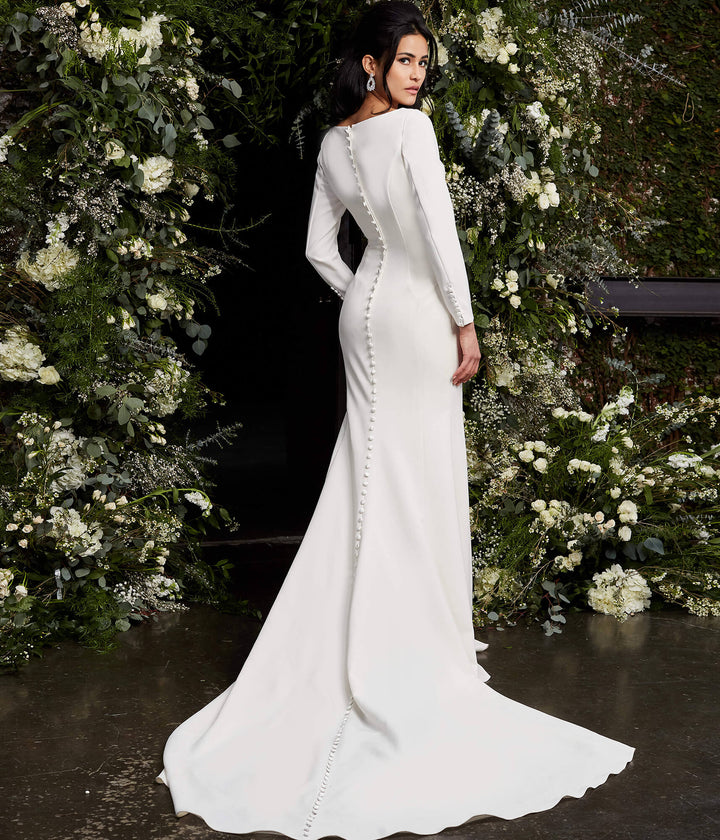 Jovani JB06911 Ivory Plunging Neck Long Sleeve Wedding Dress - FOSTANI.com