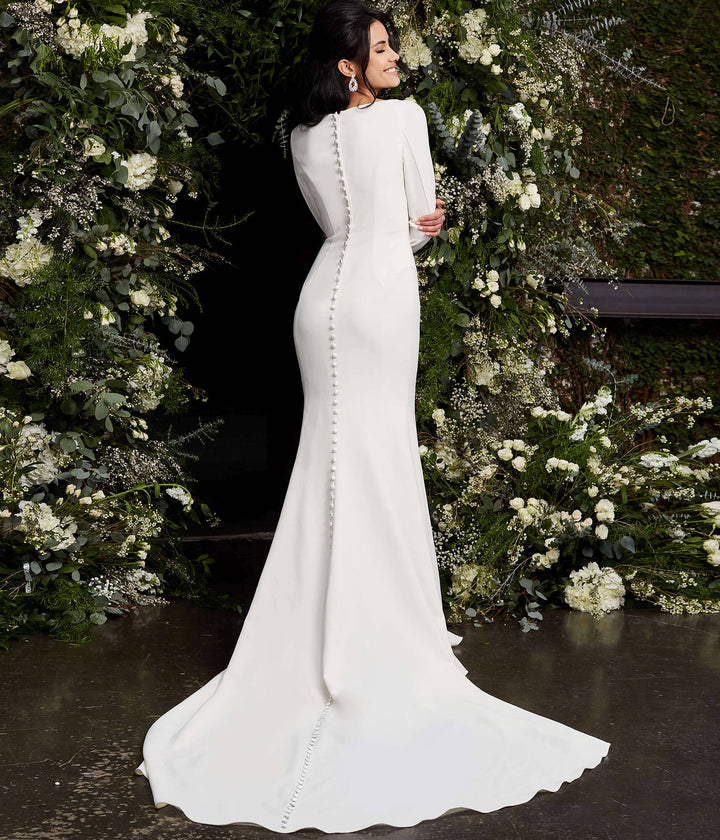 Jovani JB06911 Ivory Plunging Neck Long Sleeve Wedding Dress - FOSTANI.com