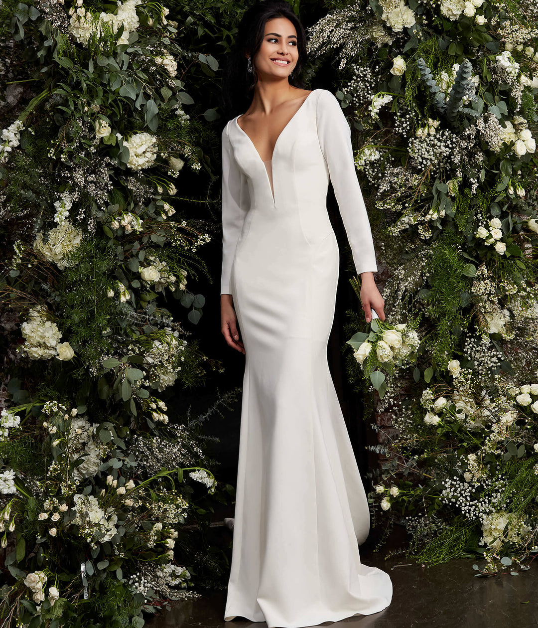 Jovani JB06911 Ivory Plunging Neck Long Sleeve Wedding Dress - FOSTANI.com