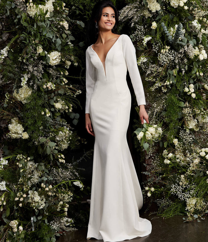 Jovani JB06911 Ivory Plunging Neck Long Sleeve Wedding Dress - FOSTANI.com
