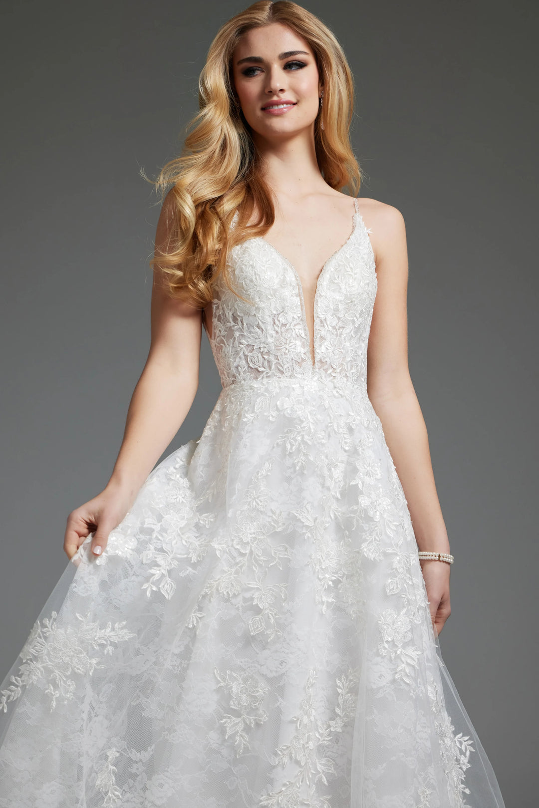 Jovani JB07147 Deep V-Neck Spaghetti Strap Corset Bridal Dress IVORY / 2