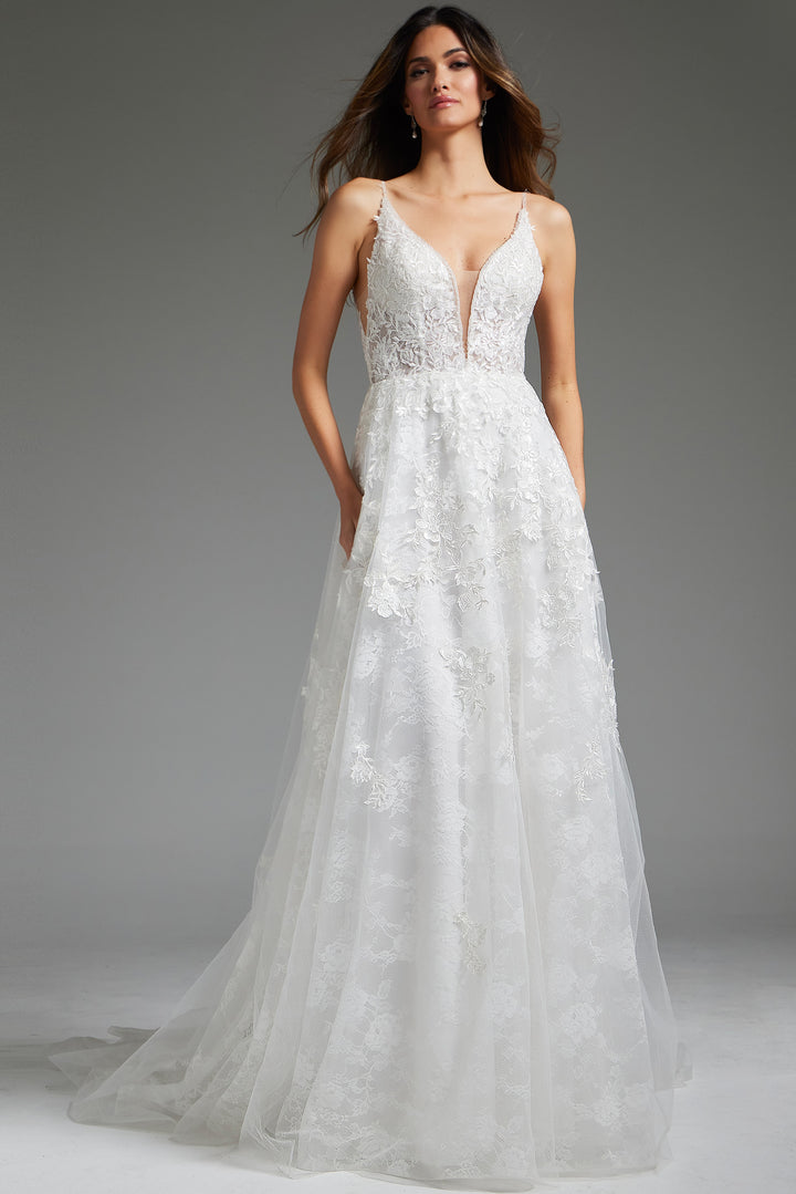 Jovani JB07147 Ivory Embellished Spaghetti Strap Bridal Ballgown - FOSTANI.com