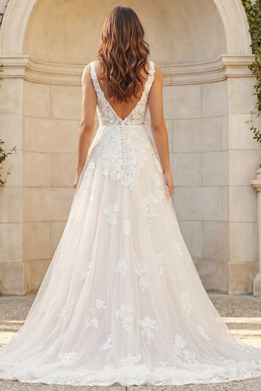 Jovani JB220005 Floral Lace A-Line Bridal Gown with Plunging V Neck and Train - FOSTANI.com