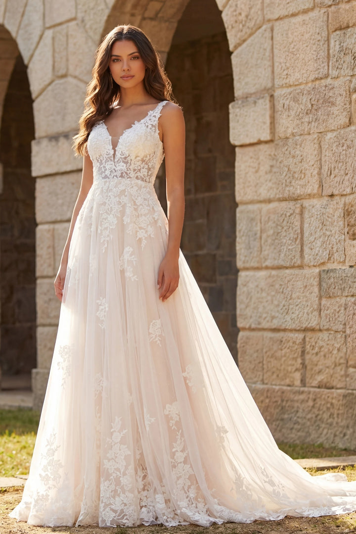 Jovani JB220005 Floral Lace A-Line Bridal Gown with Plunging V Neck and Train - FOSTANI.com