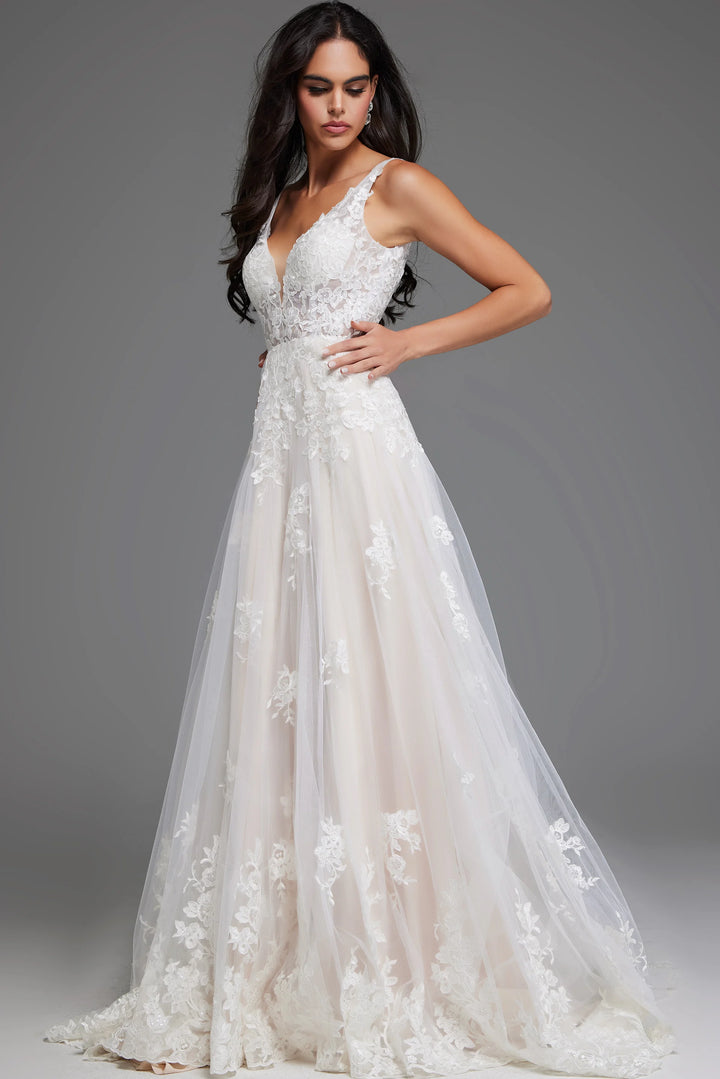 Jovani JB220005 Floral Lace A-Line Bridal Gown with Plunging V Neck and Train - FOSTANI.com