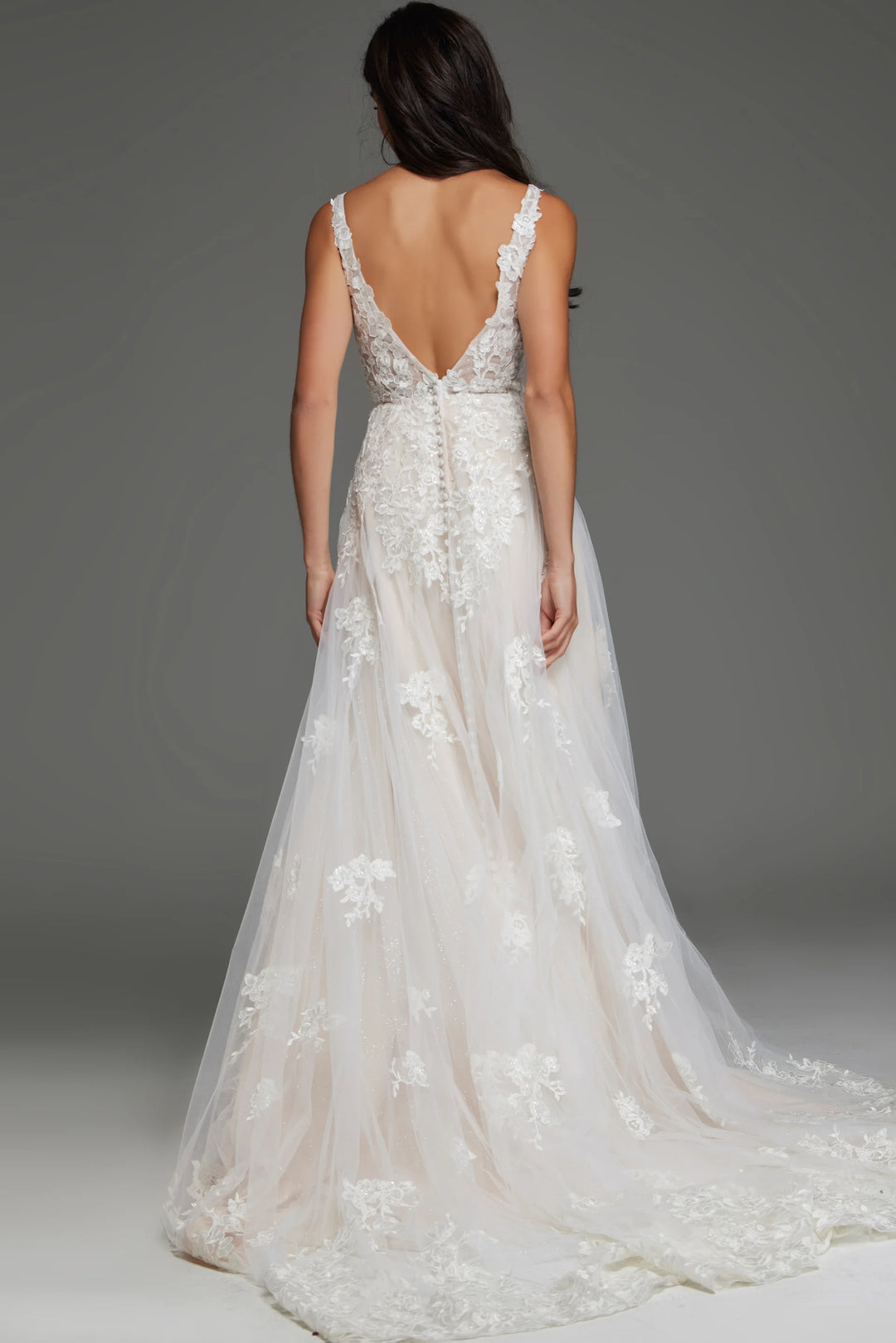 Jovani JB220005 Floral Lace A-Line Bridal Gown with Plunging V Neck and Train - FOSTANI.com