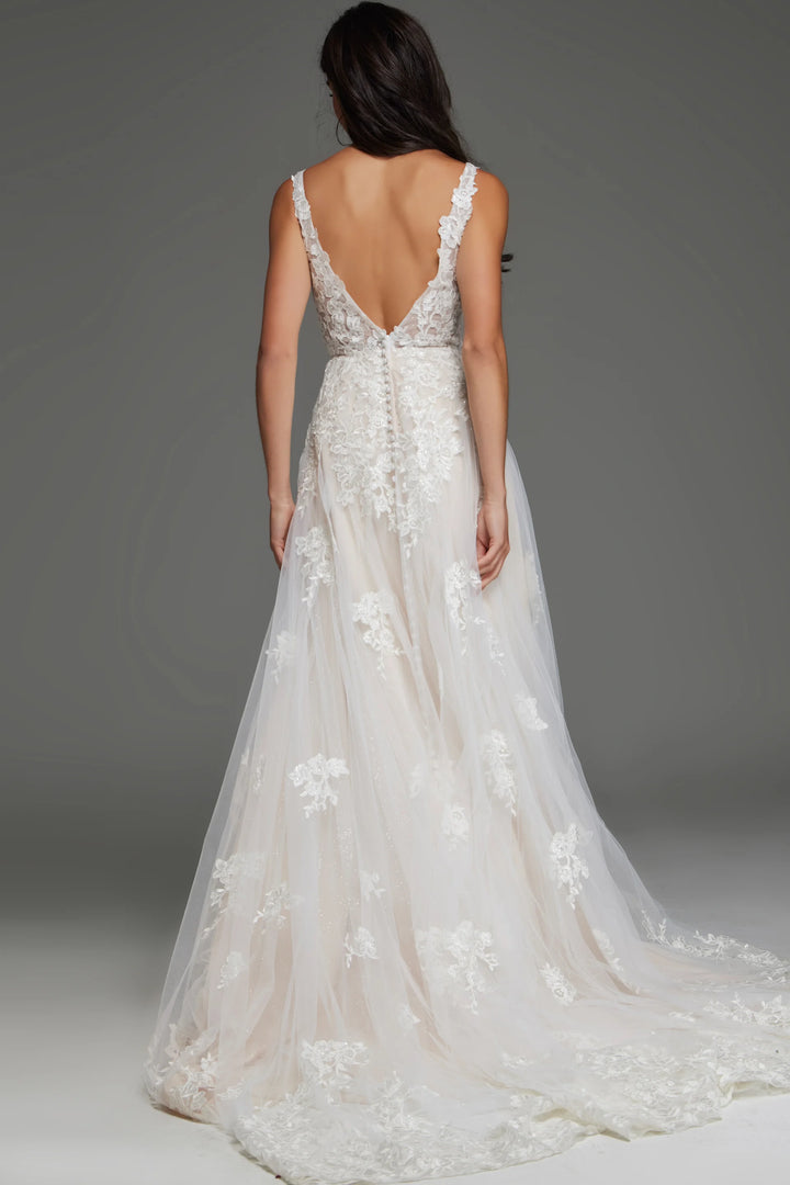 Jovani JB220005 Floral Lace A-Line Bridal Gown with Plunging V Neck and Train - FOSTANI.com