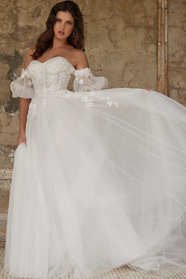 Jovani Bridal JB63673 White Sheer Corset Bodice Wedding Dress