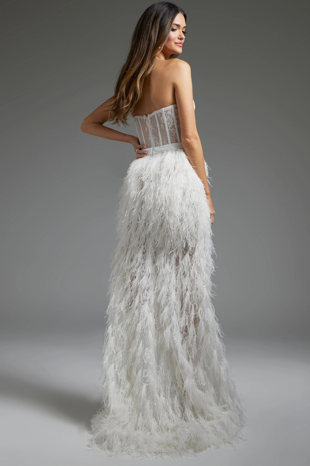 Jovani JB37327 Off White Feather Sirt Sheath Bridal Dress - FOSTANI.com